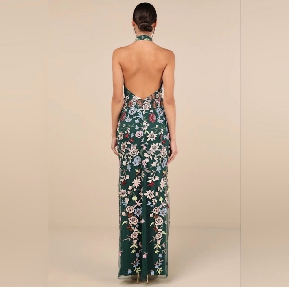 Lulus Infinite Praise Emerald 3D Floral Embroidered Halter Maxi Dress Wedding - Picture 3 of 9